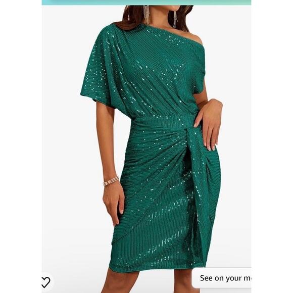 Grace Karin Green Sequin Asymmetric Off Shoulder Bodycon Party Midi Dress-Size M